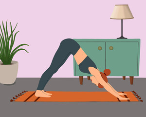 digital illustration hand-drawn girl practices  yoga at home