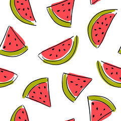 Seamless pattern hand-drawn abstract slices of watermelon