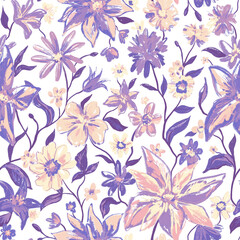 Floral botanical seamless pattern with colorful flowers and leaves in purple colors. Feminine colorful cute hand drawn illustration on white. Texture for print, fabric, textile, wallpaper.