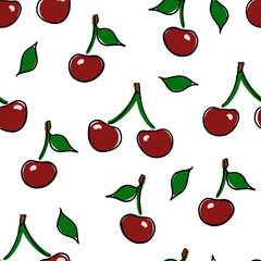 Hand-drawn red cherries seamless pattern