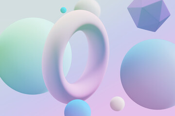 3D Rendering Ring Of Pastel Geometric Shapes Floating In Pastel Space