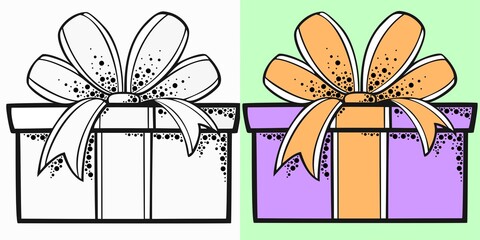 Vector illustration, Large gift box with bow black and white and color