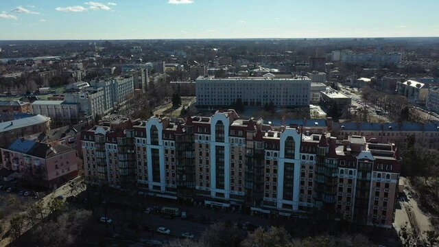 Europe, Poltava, Ukraine - March 2021: Aerial view of the city. Sights of the city from above. Regional State Council building (ODA)