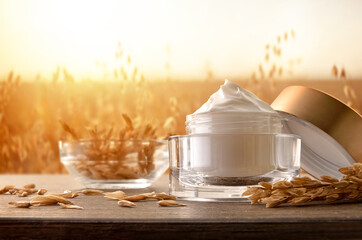 Natural moisturizing cream with oat extract in field on table