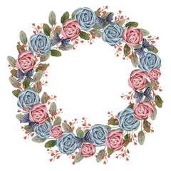 Fototapete Blumen watercolor wreath with flowers and leaves