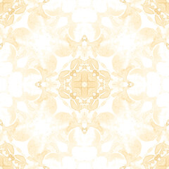 Yellow seamless pattern. Amusing delicate soap bubbles. Lace hand drawn textile ornament. Kaleidosco