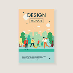 Positive people walking dogs in city park. Annoyed person, public place, leash flat vector illustration. Animal care, pets, outdoor activity concept for banner, website design or landing web page