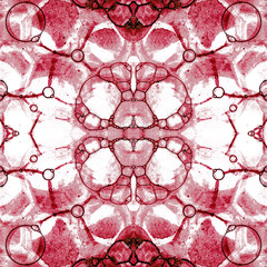 Red seamless pattern. Amazing delicate soap bubbles. Lace hand drawn textile ornament. Kaleidoscope