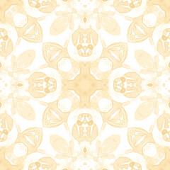 Yellow seamless pattern. Amusing delicate soap bubbles. Lace hand drawn textile ornament. Kaleidosco