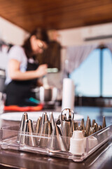 Close-up of baking tools - Pastry chef preparing to make a cake.