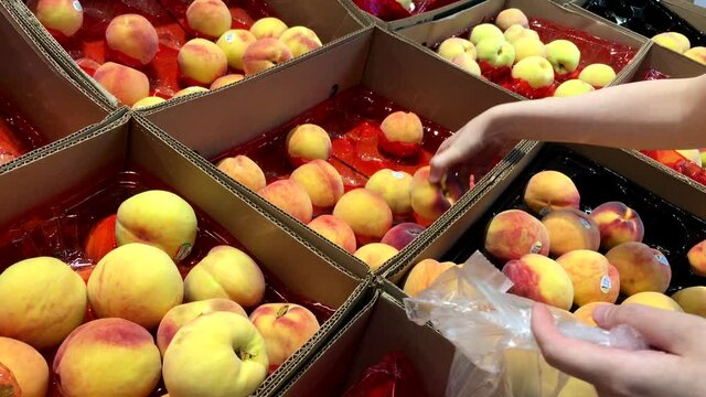 Woman selecting peach in grocery store produce department with 4k resolution