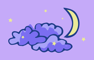 Fototapeta na wymiar Vector illustration of blue clouds and yellow moon with stars. Hand drawn icon and symbol for print, poster, sticker, card design. Doodle design elements. 