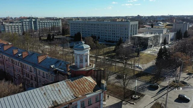 Europe, Poltava, Ukraine - March 2021: Aerial view of the city. Sights of the city from above. Regional State Council building (ODA)