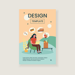 Woman using laptop for food delivery order. Flat vector illustration for online grocery store, ecommerce, shop application concept