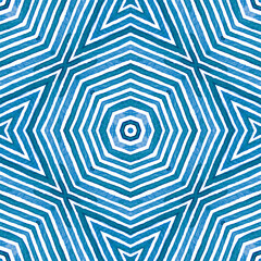 Blue Geometric Watercolor. Adorable Seamless Pattern. Hand Drawn Stripes. Brush Texture. Valuable Ch