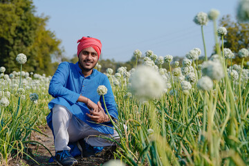 Naklejka na ściany i meble Young indian farmer at onion agriculture field