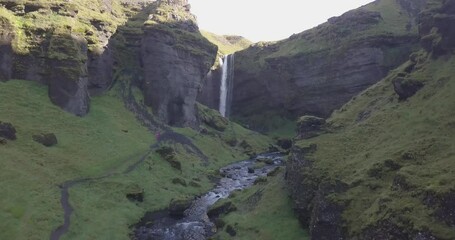 ICELAND - 5 SEPTEMBER 2018 - Aerial view of the approach to the Kvernafoss waterfall in southern Iceland.