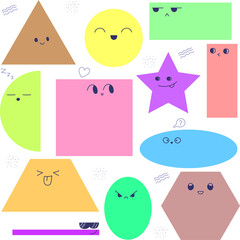 Set of geometric simple figures with eyes and face emotions. Different shapes in hand drawn trendy style. Vector illustration for children education. Cute funny characters.