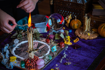 Candle magic. Wax handmade candles, esoteric and occultism concept
