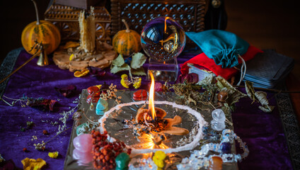 Candle magic. Wax handmade candles, esoteric and occultism concept