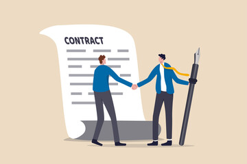 Signing contract, business deal or partnership, banking loan, investment contract or job offer agreement concept, success businessman handshake with client holding pen ready to sign agreement contract