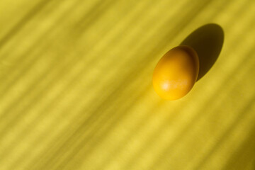 Yellow Easter egg against a yellow background with copy space. Happy easter 2021. 