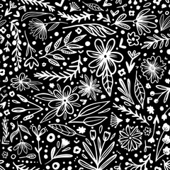 Doodled florals, branches, leaves, dots and hearts random placed vector elements as seamless repeat pattern with black background.