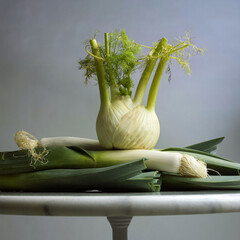 Closeup shot of fennel and leeks on a marble table isolated on the white background