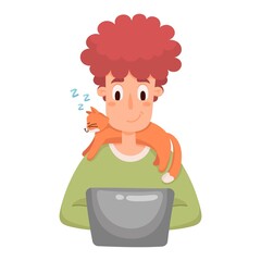 A boy with a cat sleeping on his shoulders. Vector cartoon illustration