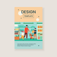 Positive dad buying food in grocery store with children. Choosing food, supermarket flat vector illustration. Family, togetherness, shopping concept for banner, website design or landing web page