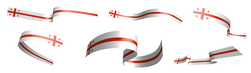 Set of holiday ribbons. Flag of Georgia waving in wind. Separation into lower and upper layers. Design element. Vector on white background