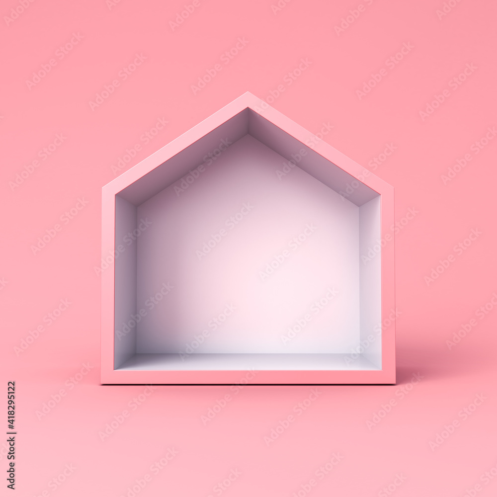 Aufkleber Blank simple display house box stand isolated on pink pastel color background minimal conceptual 3D rendering