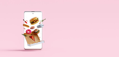 Fast food flying through the smartphone screen. Ordering online concept on pink background 3D...