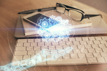 Double exposure of data theme drawing and mobile phone background. Concept of innovation