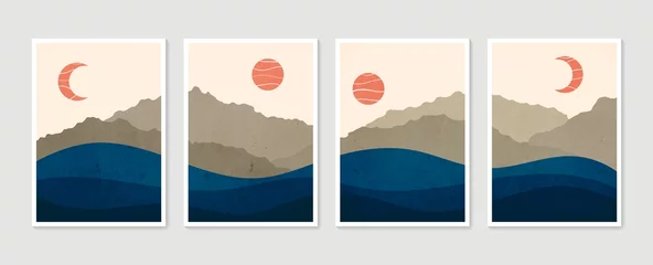 Kollektion moderner minimalistischer Kunstdruck. Abstrakte Berglandschaften mit zeitgenössischen ästhetischen Hintergründen. Kunstdesign für gerahmte Wanddrucke, Poster, Cover, Wohnkultur, Leinwanddrucke, Tapeten. © shendart