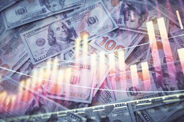 Double exposure of forex graph drawing over us dollars bill background. Concept of financial markets.