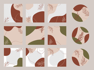 Social media stories, posts, highlights templates. Abstract organic shapes backgrounds in trendy burnt orange and green colors.
