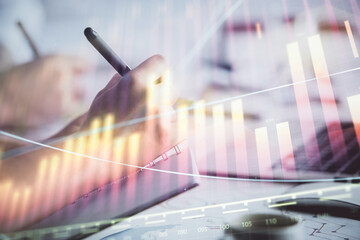 Double exposure of forex graph drawing over people taking notes background. Concept of financial analysis