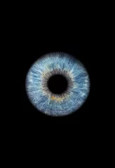 Zelfklevend Fotobehang Close up of a blue eye iris on black background, macro, photography © MT-R
