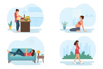 A set of daily leisure and work activities performed by a pregnant woman. A set of scenes from everyday life. Woman cooking,doing yoga, reading, walking