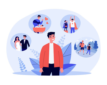 Man recalling his happy life events. Wedding, child raising, fatherhood. Flat vector illustration. Life memory, family, fatherhood concept for banner, website design or landing web page