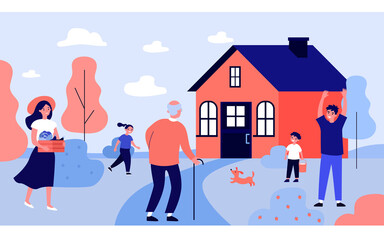 Grandpa visiting children and grandkids. Kids and young couple welcoming old man at house. Flat vector illustration. Family, generation concept for banner, website design or landing web page