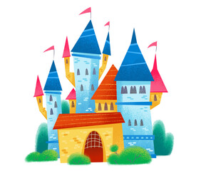Cartoon fairytale castle. Funny bright style. Children's cute illustration. The image is isolated on a white background.