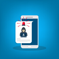 Hacker, malware notification on mobile phone. Smartphone with hacker alert, spam data on cellphone fraud error message, scam, virus.  	