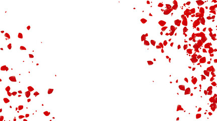 The Rose confetti on a white background. The Red flowers blossom. The Romantic creative composition. The Love concept.