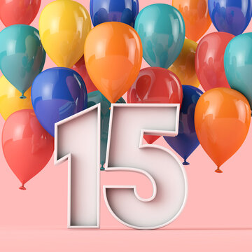 Happy 15th birthday background with colourful balloons. 3D Rendering