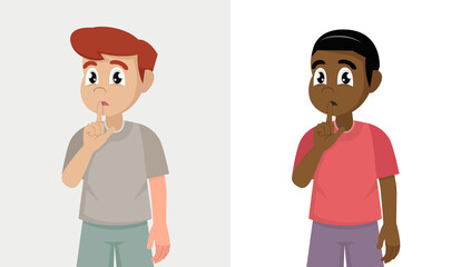 Set boy asking to be quiet with finger on lips.