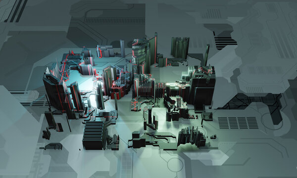 Industry 4.0. Abstract colorful machine, building isometric block in blue and red color on textured grey background. 3D illustration