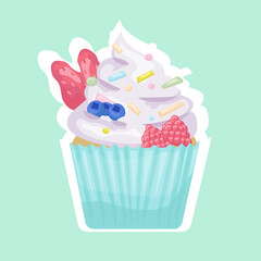 Sweet delicious muffin with cream and berries: blueberries, raspberries, strawberries. No diet day. Cupcake vector illustration in cartoon style.
