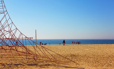 A group of children is engaged in physical exercises on a sandy beach on the shores of the...
